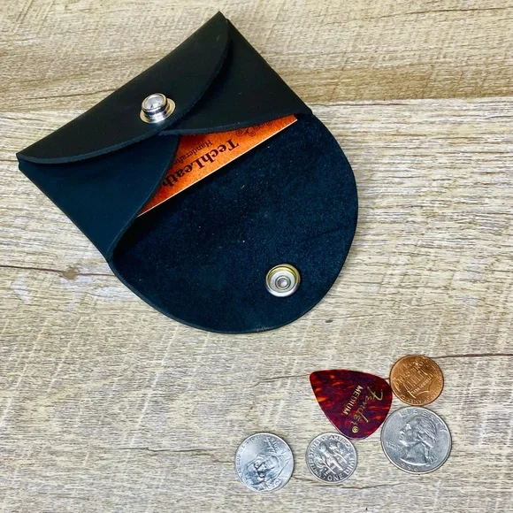 Leather Pouch, Business Card Holder, Rectangular Coin Pouch. Oil tan Black - Picture 4 of 7